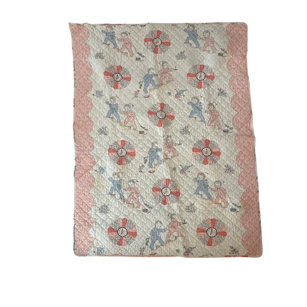 Vintage Handmade Baby Crib Quilt With Nursery Rhyme Pattern & Scalloped Edges